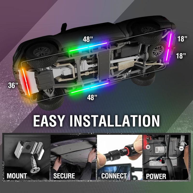 OPT7 Aura DreamColor Underglow Chasing Lights for Car with APP & Remote Control, Waterproof Rigid Aluminum LED Light Bar, Exterior Neon Accent Underbody RGBIC Light Kit, Multi Colors Music Mode, 12V - Image 5